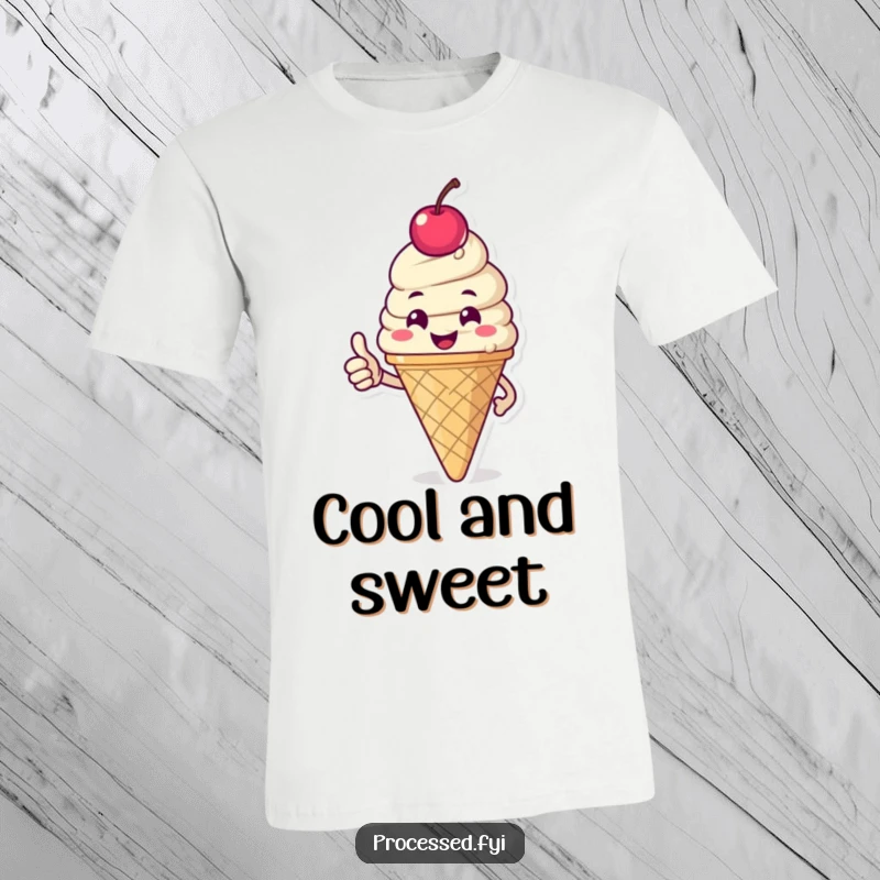 Funny t-shirt depicting a happy ice cream cone with a cherry, giving a thumbs-up, symbolizing joy, sweetness, and good vibes.