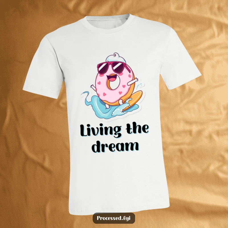 Funny t-shirt featuring a cartoon donut wearing sunglasses, surfing a giant wave made of frosting.