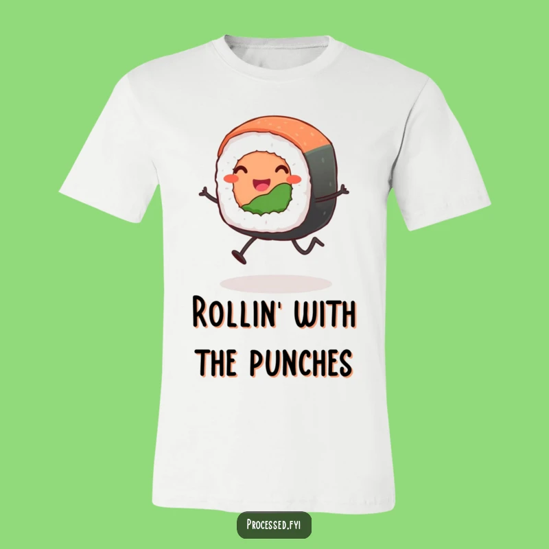 Funny Leaping Sushi Roll T-Shirt: Wearable Cartoon Humor for Food Fanatics