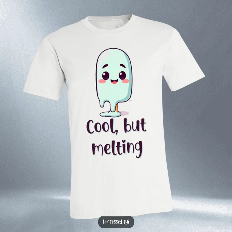 Funny t-shirt featuring a curious popsicle character melting, expressing a happy and surprised face, perfect for warm weather.