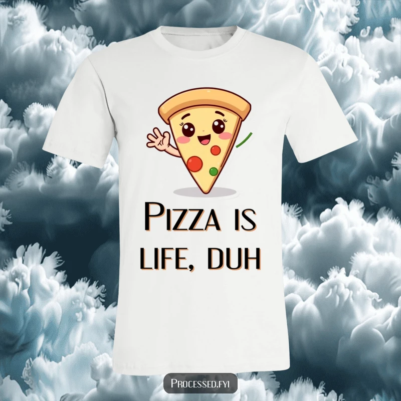 Funny t-shirt showcasing a beaming pizza slice character with expressive eyes, joyfully waving a pepperoni hand in a fun, cartoon style.