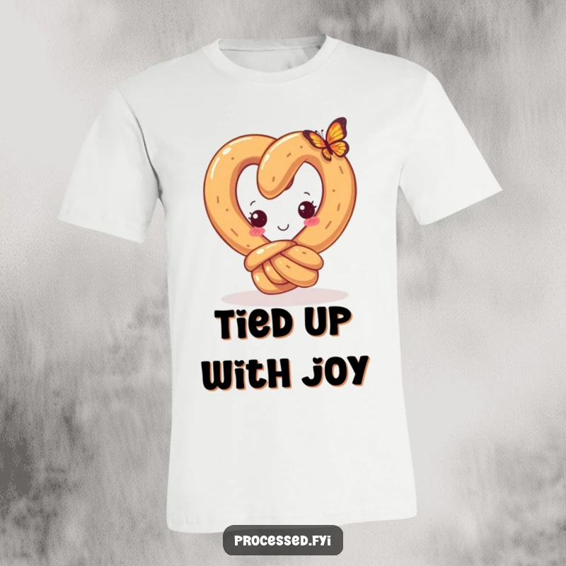 Funny t-shirt of a curious pretzel with a happy knot, gazing at a tiny butterfly, expressing innocent wonder and gentle amusement.