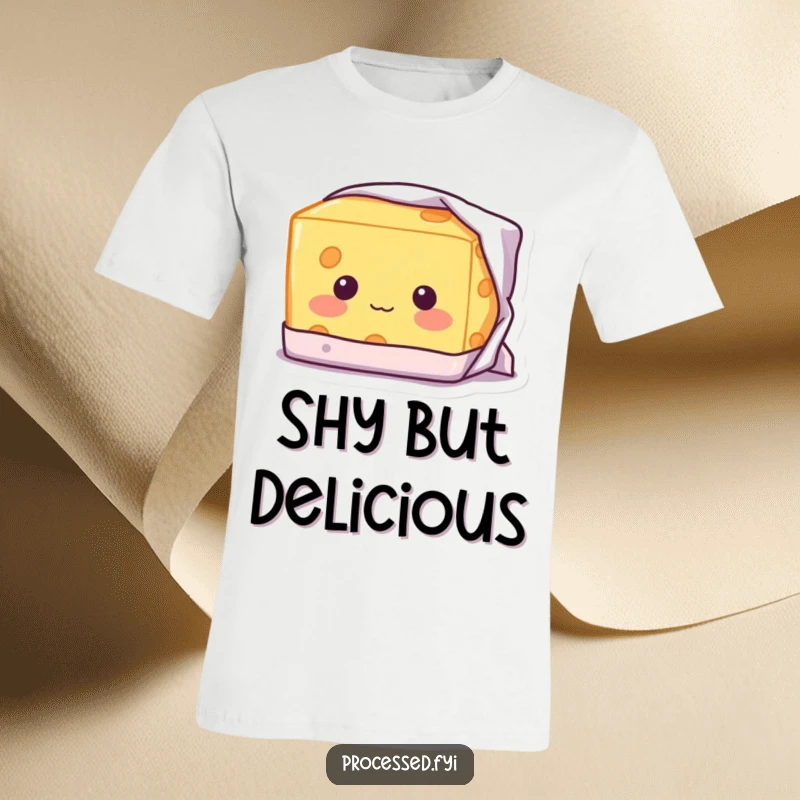 Funny Shy Cheese T-Shirt: A blushing block of cheese with a gentle, shy smile, peeking adorably from its wrapper.
