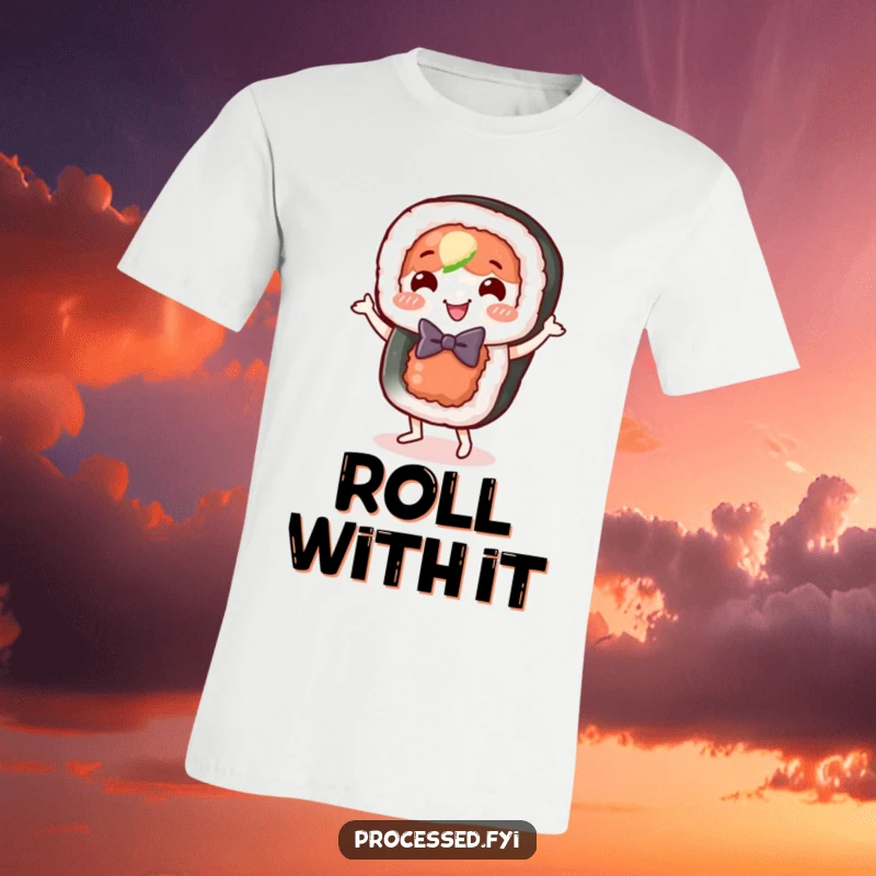 Funny sushi roll t-shirt, a happy food character in a bow tie, doing a joyful little dance.