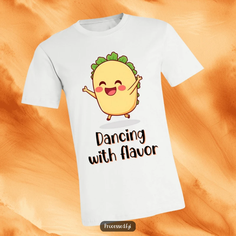Funny anthropomorphic Taco T-Shirt grinning and dancing with tiny legs, perfect for foodies and anyone who loves humorous, celebratory designs about tacos.
