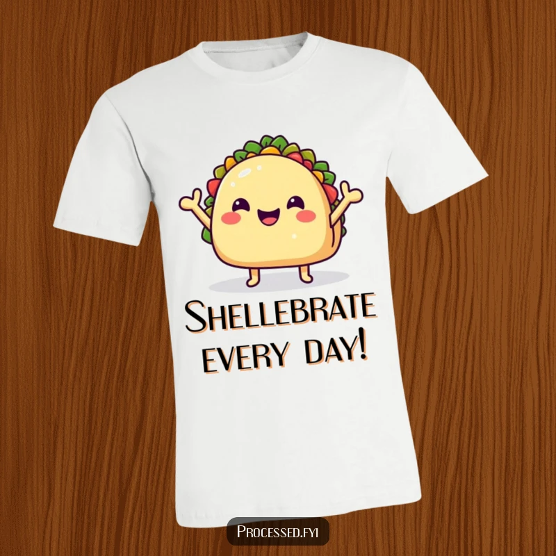 Funny T-Shirt of a happy taco character with small arms waving excitedly, showcasing a vibrant and cheerful food personality.