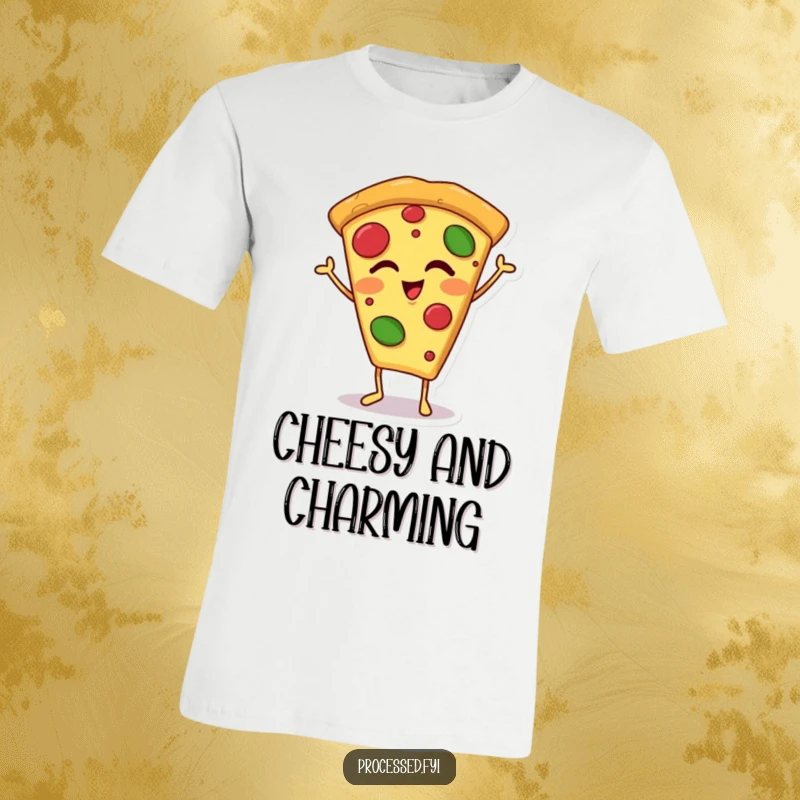 Funny winking pizza slice T-shirt with a happy, anthropomorphic pizza slice on tiny feet, giving a cheerful wink and radiating pizza joy.
