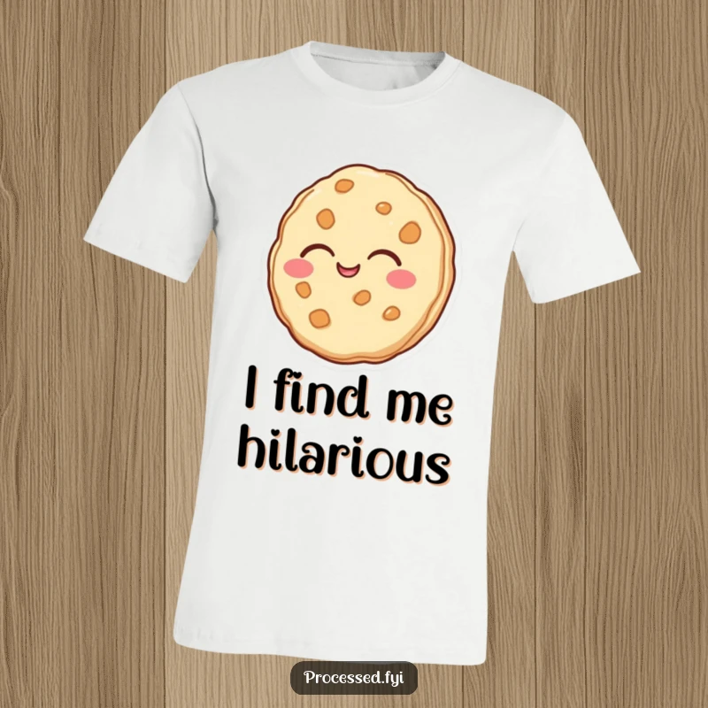 Funny t-shirt featuring an anthropomorphic cookie laughing heartily with eyes shut. A comfortable and humorous apparel choice.