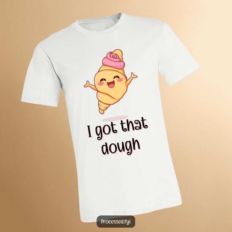 Funny croissant t-shirt with pastry swirls in mid-air leap, showcasing a hilarious and energetic baked good.