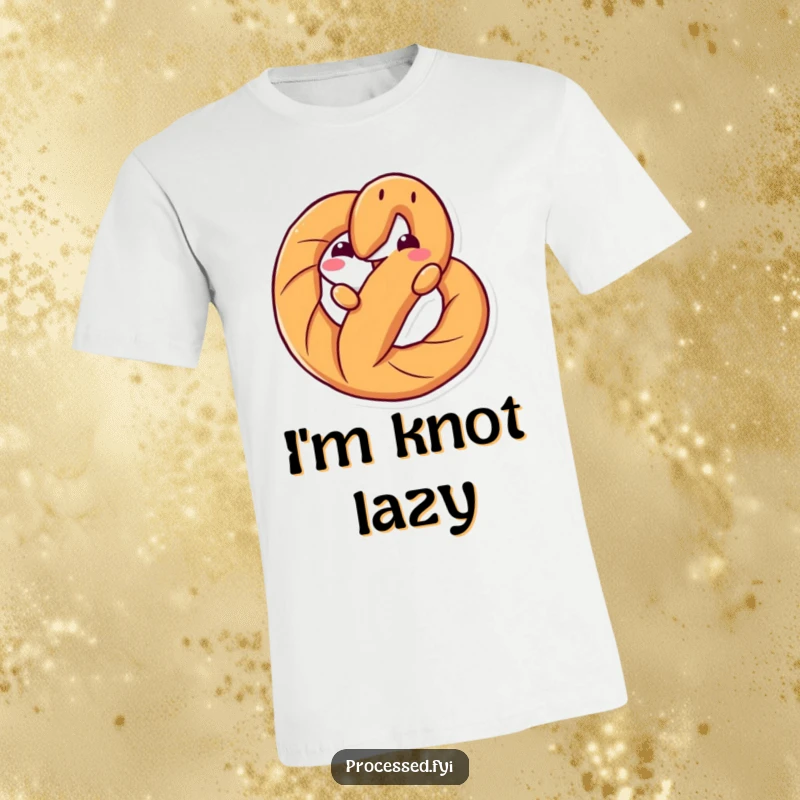 Funny t-shirt with an anthropomorphic pretzel twisting in a playful pose, a humorous and stylish graphic tee for snack enthusiasts.