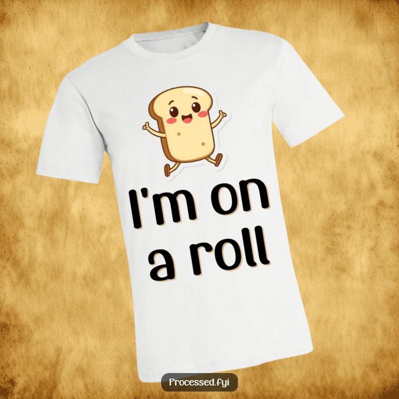 Funny t-shirt showcasing a happy anthropomorphic bread roll with legs skipping energetically, exuding pure, unadulterated joy.