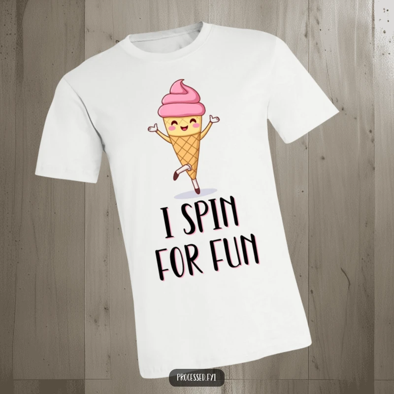 Funny t-shirt featuring a cheerful anthropomorphic ice cream cone mid-pirouette. Stylish and amusing apparel.