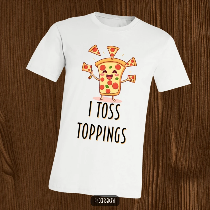 Funny Juggling Pizza T-Shirt, a happy slice tossing pepperoni slices with glee, perfect for witty food lovers and comedy fans.