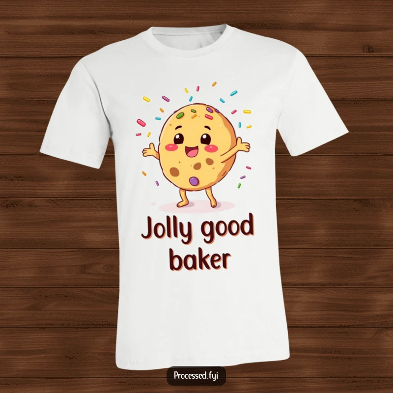 Funny t-shirt depicting a happy anthropomorphic cookie energetically juggling colorful sprinkles, radiating pure, sweet excitement.