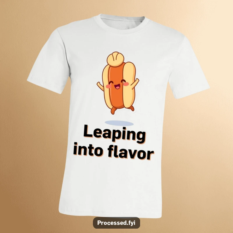 Funny t-shirt featuring a smiling hot dog with tiny legs doing a joyful leap, a bun perched on its head.