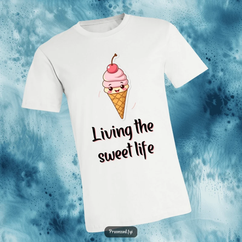 Funny t-shirt depicting a cheerful ice cream cone with a cherry spinning ecstatically, embodying summer fun and sweet happiness.