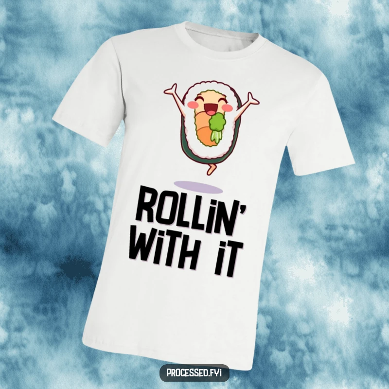 Funny t-shirt featuring a delighted sushi roll character performing cartwheels with infectious glee and enthusiasm.