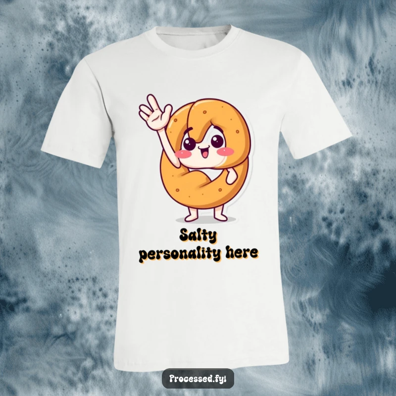 Funny t-shirt showcasing an anthropomorphic pretzel with a jaunty wave and an excited, friendly demeanor.