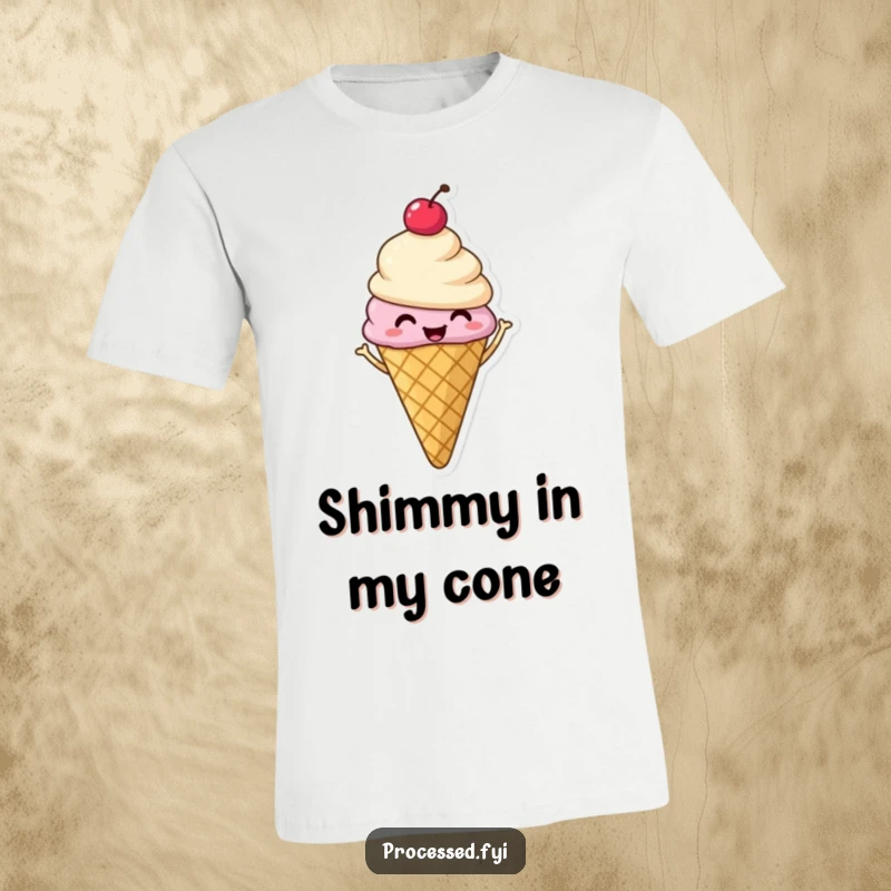 Funny t-shirt of a smiling ice cream cone with a cherry, performing a happy, energetic shimmy.