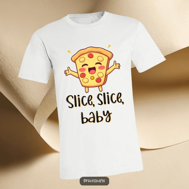 Funny t-shirt showcasing a beaming slice of pizza with arms outstretched, giggling with pure delight, perfect for pizza lovers and gift-givers.