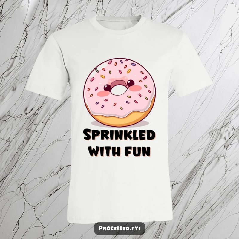 Funny plump donut with blush and sprinkles, bouncing enthusiastically, a humorous and energetic t-shirt design.