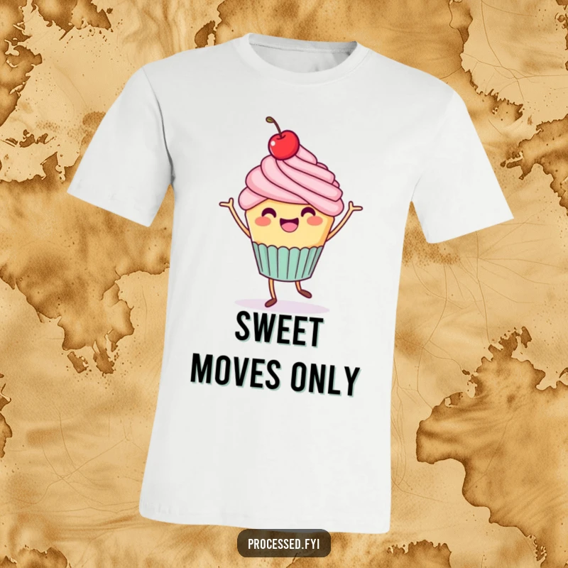 Funny Cupcake Jig T-Shirt: A cheerful cupcake with a cherry on top performs a happy dance, embodying pure delight.