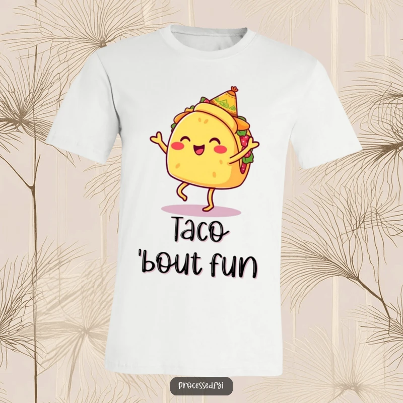 Funny t-shirt showcasing a smiling taco with legs, wearing a tiny sombrero, performing a cheerful jig, vibrant and fun