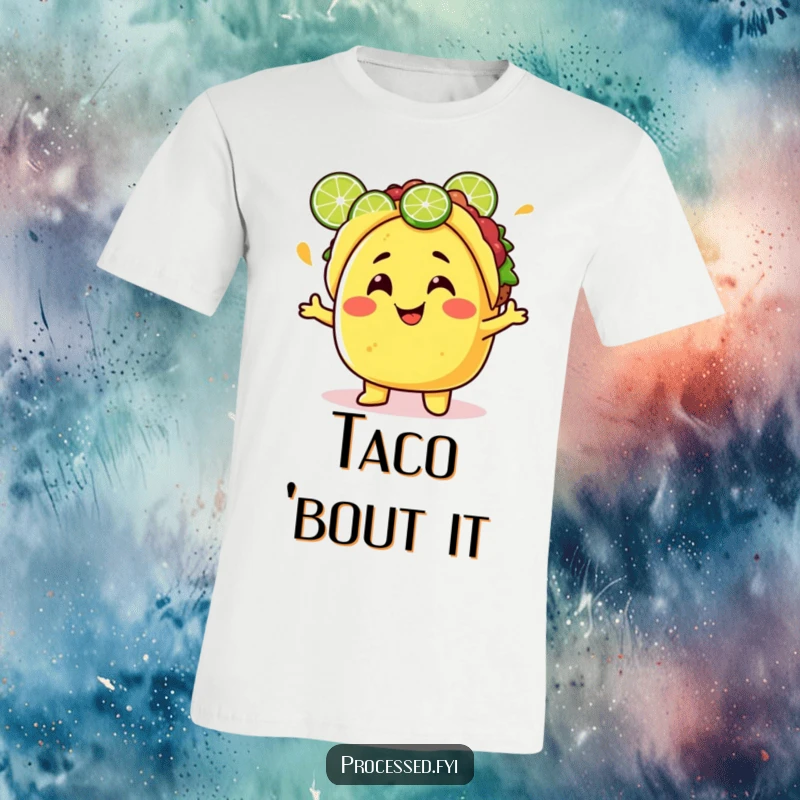 Funny Taco T-Shirt showcasing a happy character juggling lime wedges, perfect for fiesta fun and Mexican food lovers.
