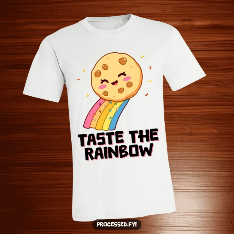 Funny winking cookie gleefully sliding down a bright rainbow crafted from delicious sprinkles on a comfortable t-shirt.