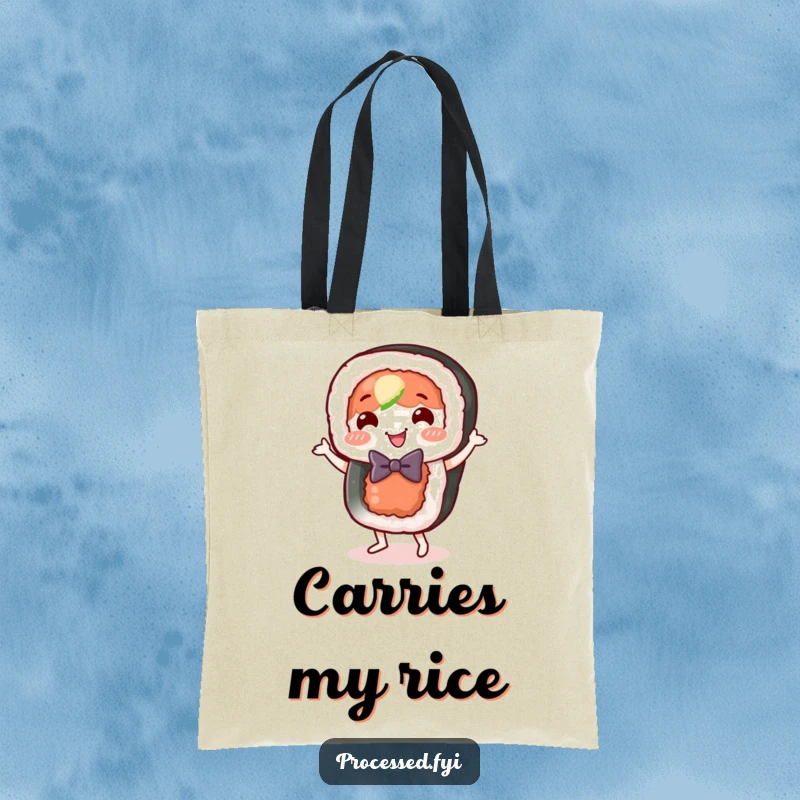 Funny sushi roll tote bag, a happy food character in a bow tie, doing a joyful little dance.