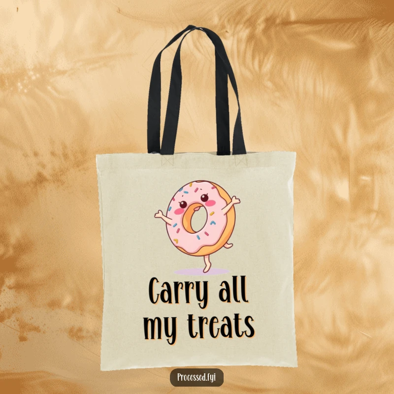Funny donut tote bag featuring a cheerful, anthropomorphic donut with sprinkles performing a cartwheel, adding a vibrant, playful touch to everyday use.
