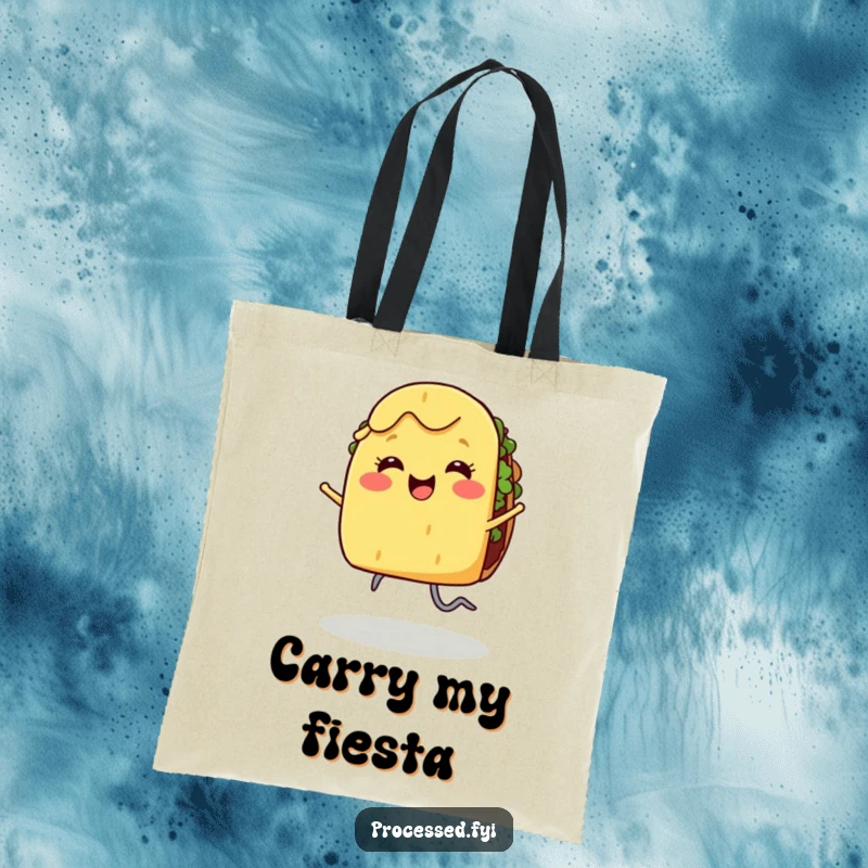 Funny tote bag with a smiling taco with legs dancing joyfully, ideal for carrying foodie essentials.