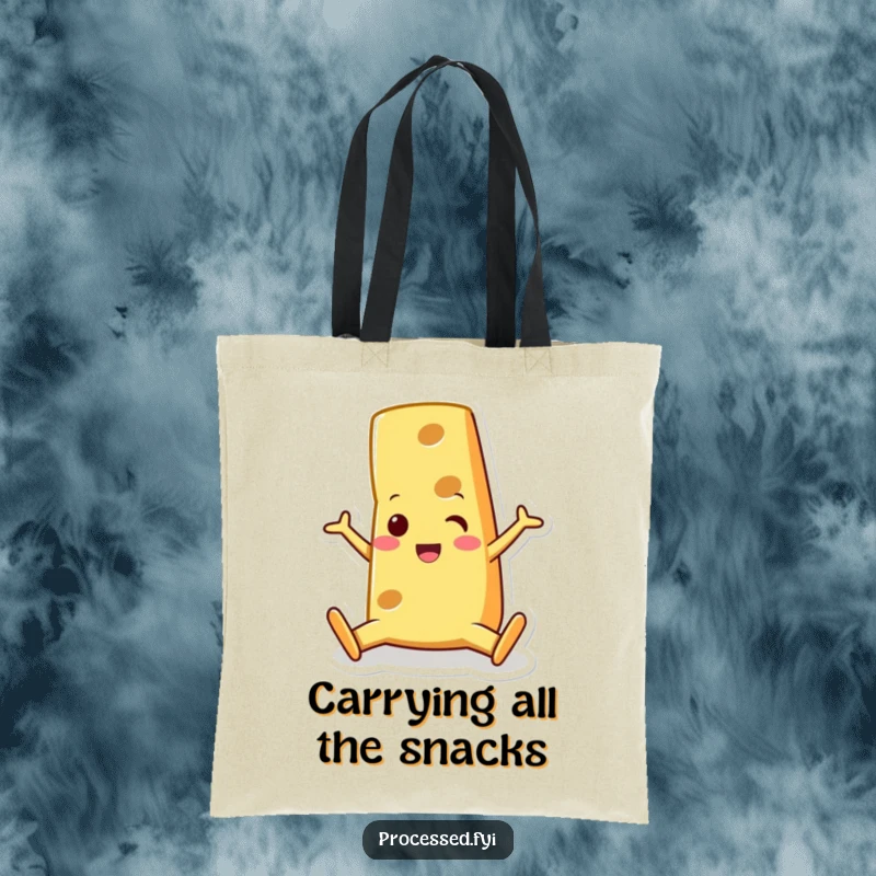 Funny cheese wedge character, doing a split with a surprised grin. A stylish and humorous tote for everyday adventures.