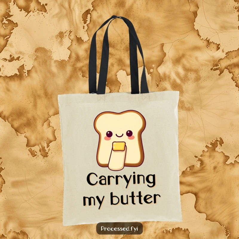 Funny tote bag showcasing a cheerful bread slice with butter, gleefully sliding down a tiny, smooth butter slide.
