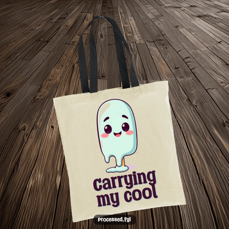 Funny tote bag with a curious, melting popsicle character showing a happy, surprised face, a humorous and functional accessory.