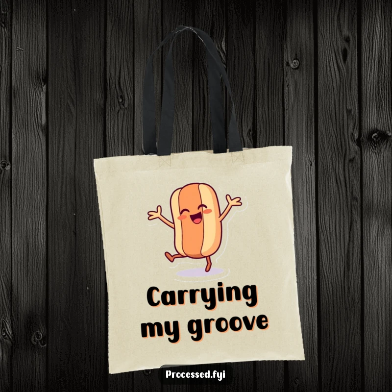 Funny tote bag featuring a dancing hot dog character with wiggling legs and arms, perfect for carrying items with a smile.