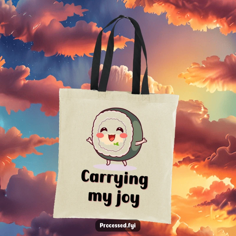 Funny tote bag depicting a cheerful sushi roll with tiny feet, bouncing with excitement, ideal for daily use and as a food-themed gift.