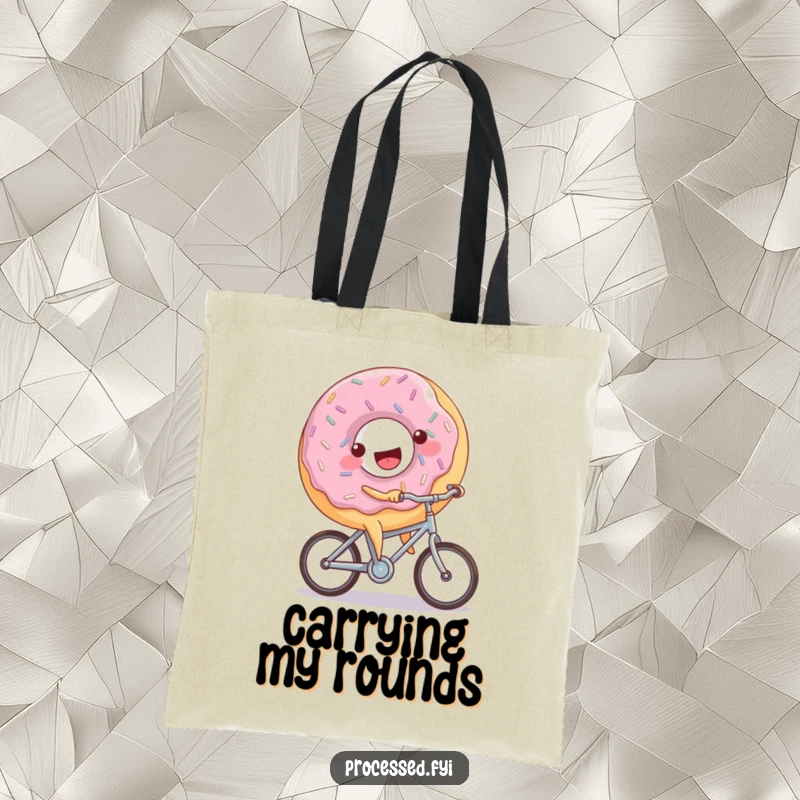 Funny donut bicycle tote bag with a joyful, sprinkled donut character happily riding a small bicycle, a fun and practical item.