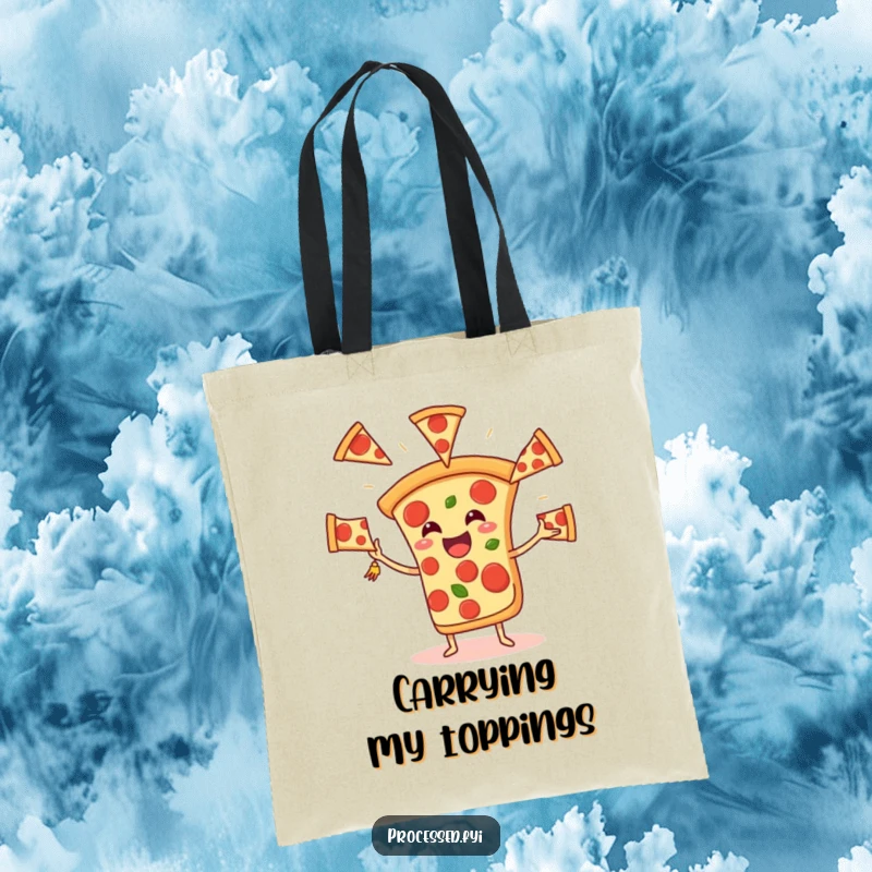 Funny Pizza Juggling Tote Bag, illustrating a happy pizza slice actively tossing pepperoni slices, a humorous and practical accessory.