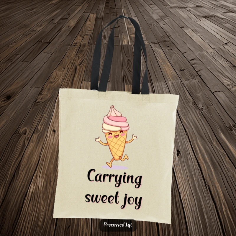 Funny ice cream cone tote bag with a smiling anthropomorphic ice cream cone doing a playful hop, a fun and practical item.