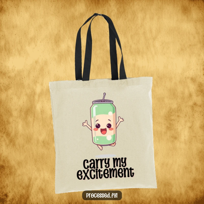 Funny bubbly soda can leaping with excitement, printed on a durable and stylish tote bag.
