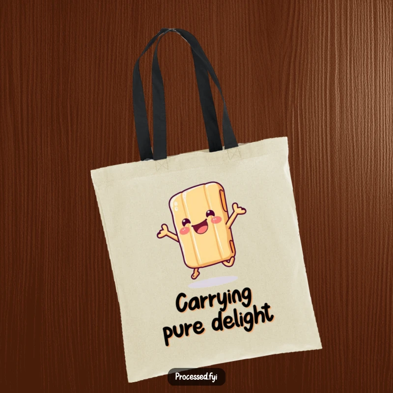 Funny tote bag showcasing a wiggling candy bar in its wrapper, joyfully jumping with pure, unadulterated, celebratory delight.