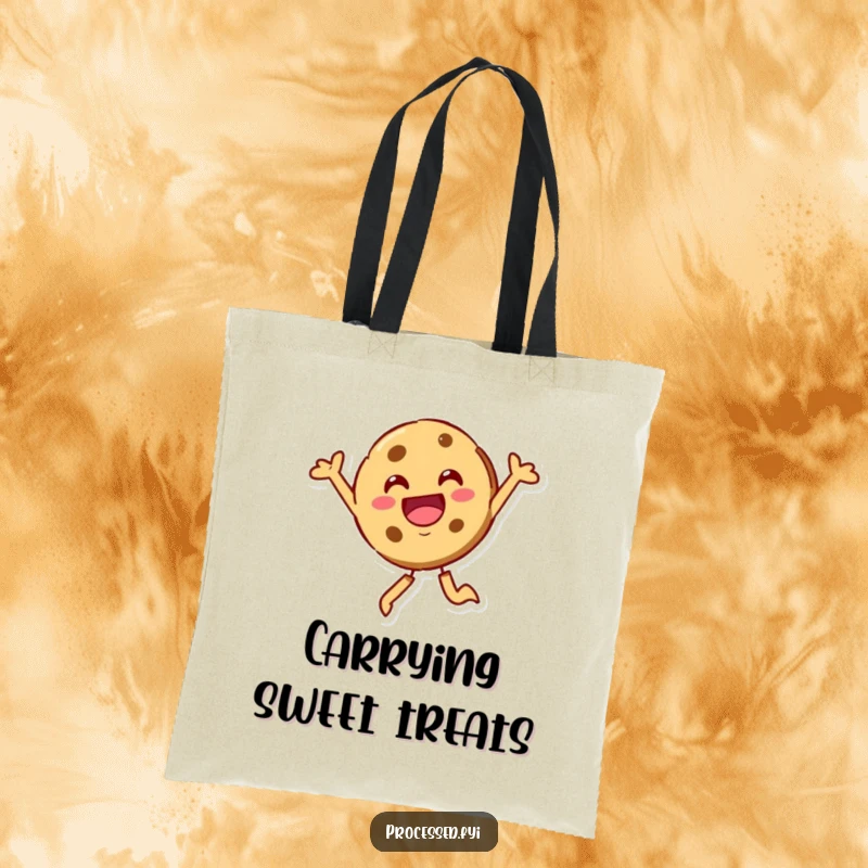 Funny cookie character, beaming and leaping joyfully. A stylish and sweet tote for everyday adventures.