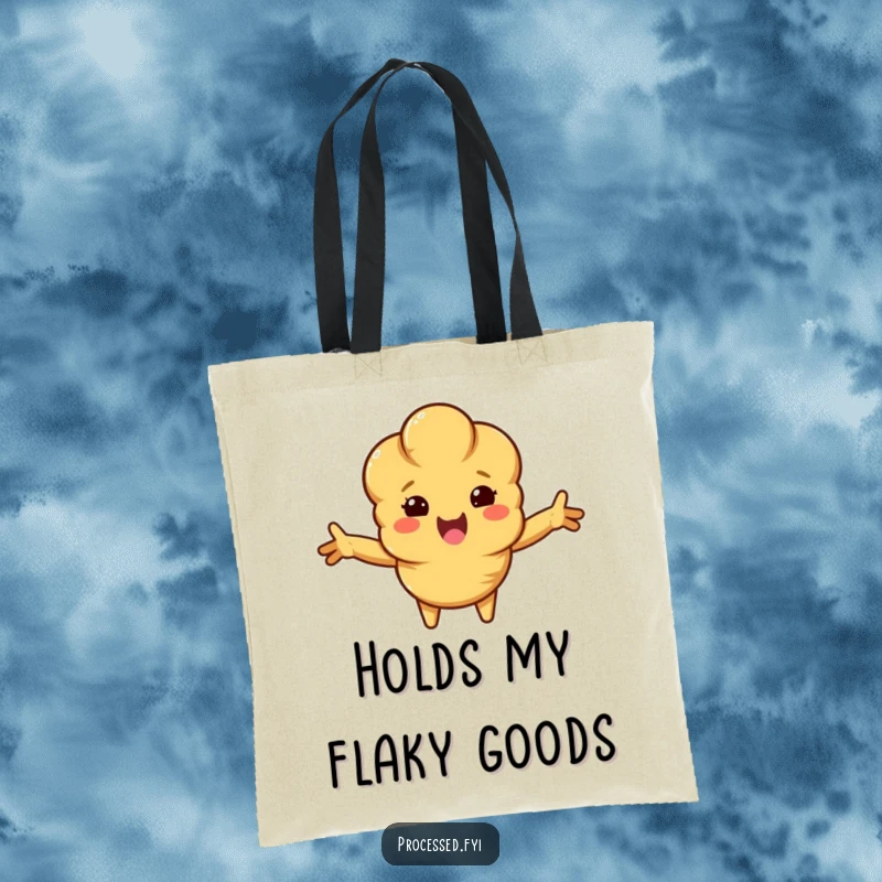 Funny croissant tote bag featuring a beaming, anthropomorphic croissant with arms outstretched, ready to carry your goods with adorable cartoon enthusiasm.