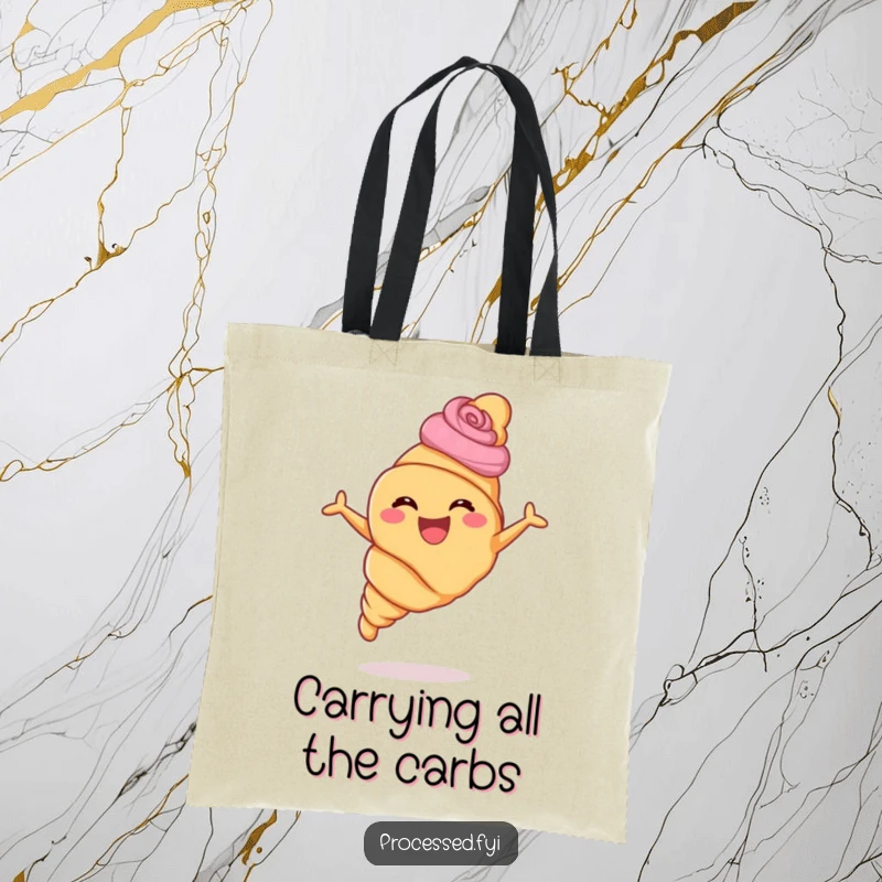 Funny croissant tote bag depicting a pastry with swirls leaping joyfully, ideal for carrying essentials with humor.