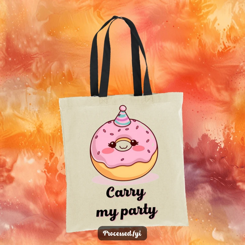 Funny Donut Tote Bag showcasing a blushing character with a party hat, perfect for carrying essentials with a sweet and humorous theme.