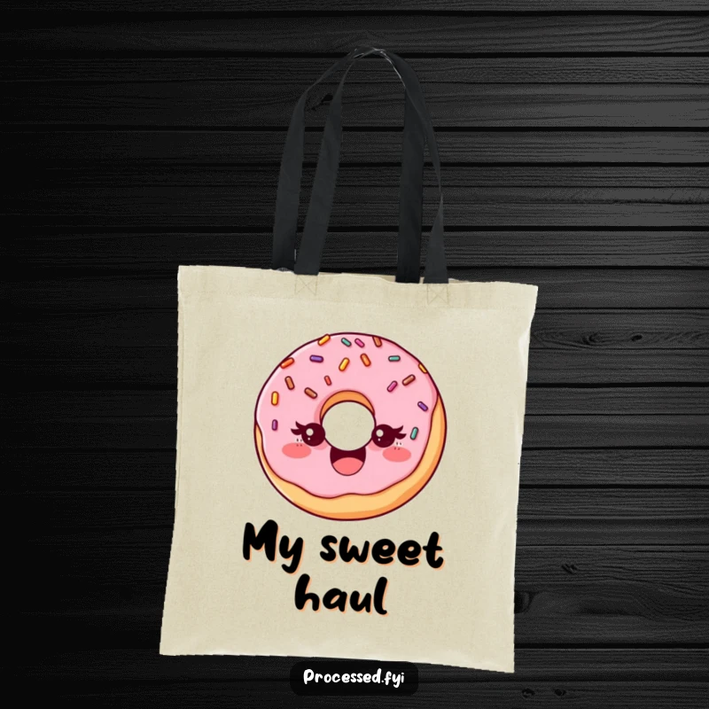 Funny tote bag showcasing a delighted donut with sprinkles, playfully winking, ideal for carrying essentials with sweet-themed fun.