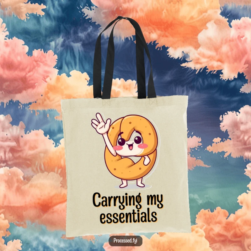 Funny tote bag with an anthropomorphic pretzel giving a jaunty, excited wave. Great for shopping and everyday use.