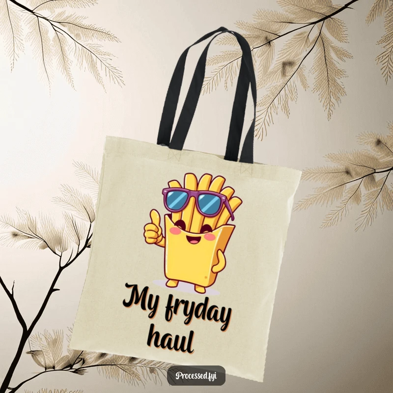Funny tote bag with a cheeky french fry wearing sunglasses and giving a thumbs-up, great for carrying daily necessities with cool humor.