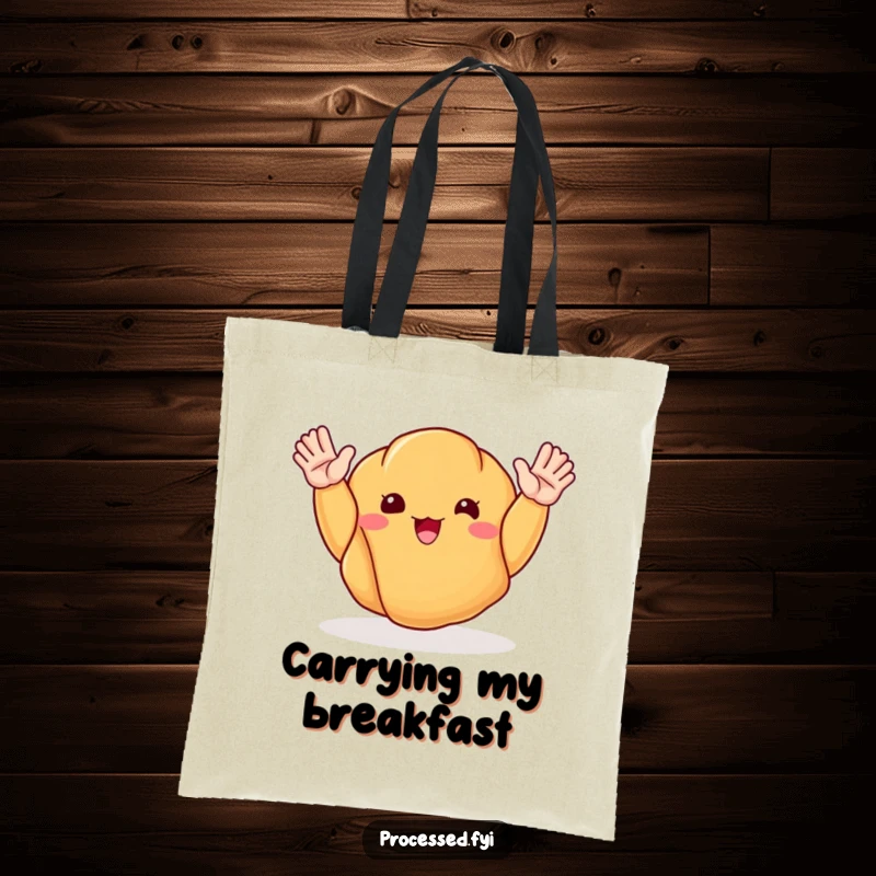 Funny tote bag showing a happy, waving croissant, perfect for carrying groceries and spreading breakfast cheer.